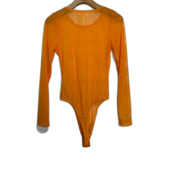 BY ANTHROPOLOGIE Sheer Lace Long-sleeve Bodysuit In Orange One-piece Medium - Picture 11 of 14